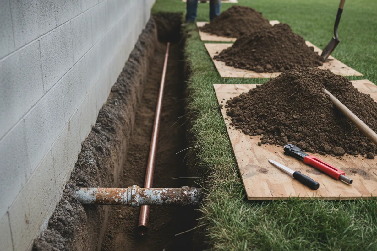 Excavated water line trench during Sewer Line Repair in Fraser